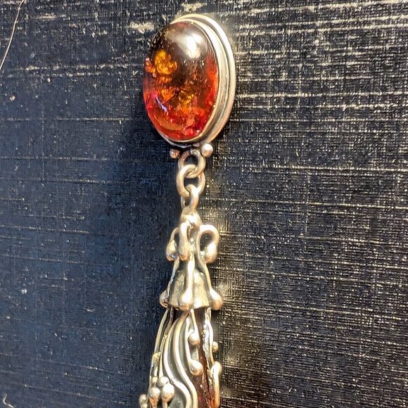 Vintage Sterling Silver Genuine Baltic Amber Leaves Teardrop Dangle Earrings - Picture 3 of 5